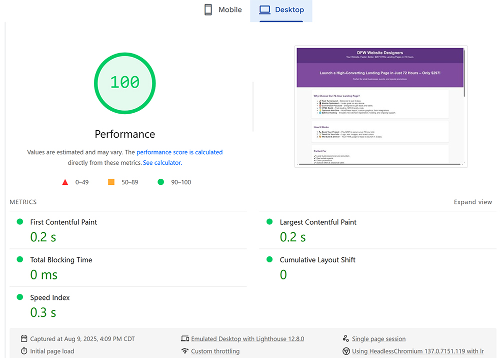 Desktop speed test score for Dallas fast landing page design